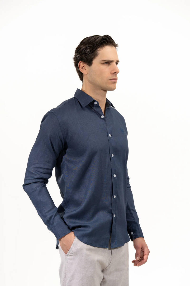 Regular Fit Long Sleeve Navy Blue Linen Blend Men's Shirt