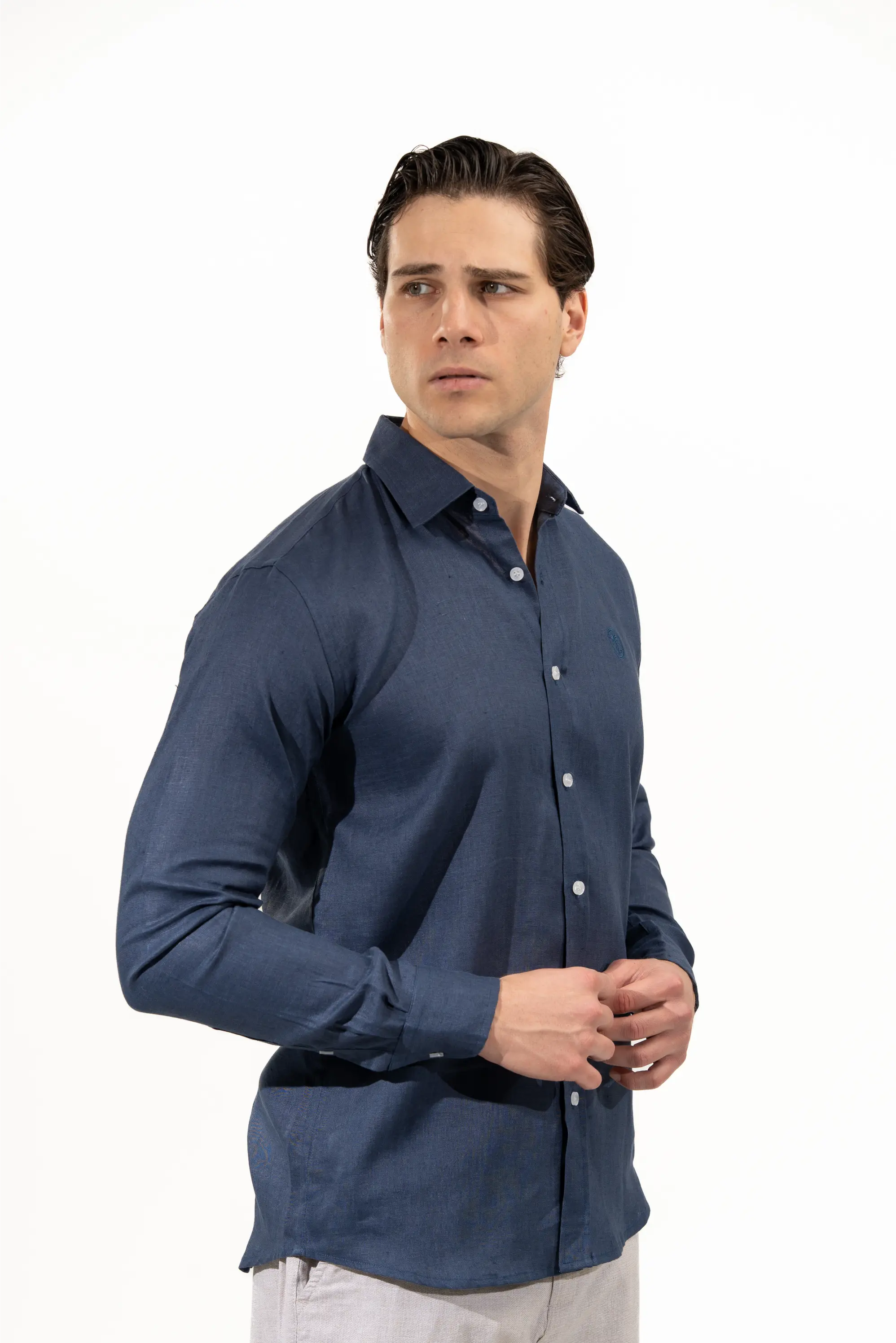 Regular Fit Long Sleeve Navy Blue Linen Blend Men's Shirt