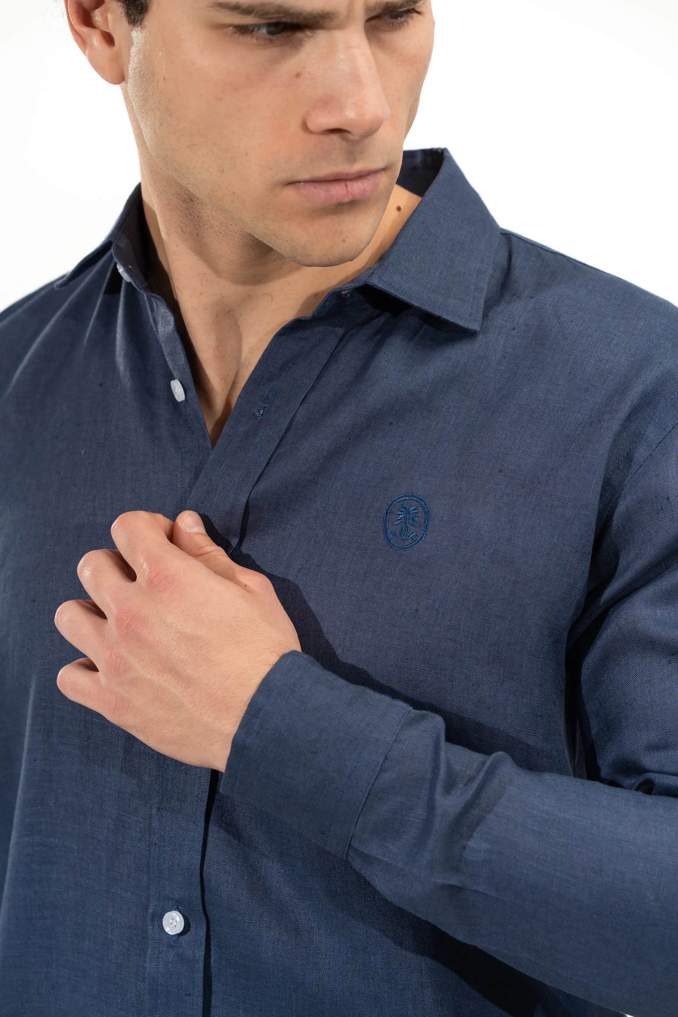 Regular Fit Long Sleeve Navy Blue Linen Blend Men's Shirt