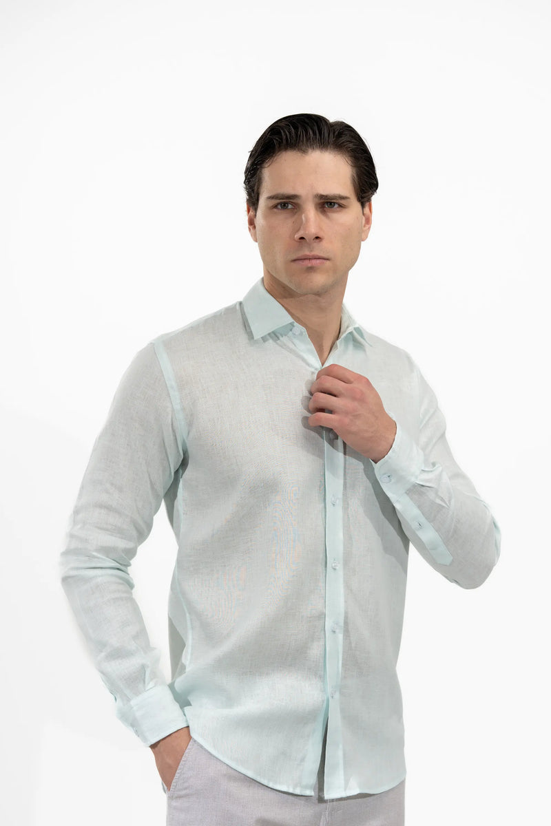 Regular Fit Long Sleeve Light Blue Linen Men's Shirt