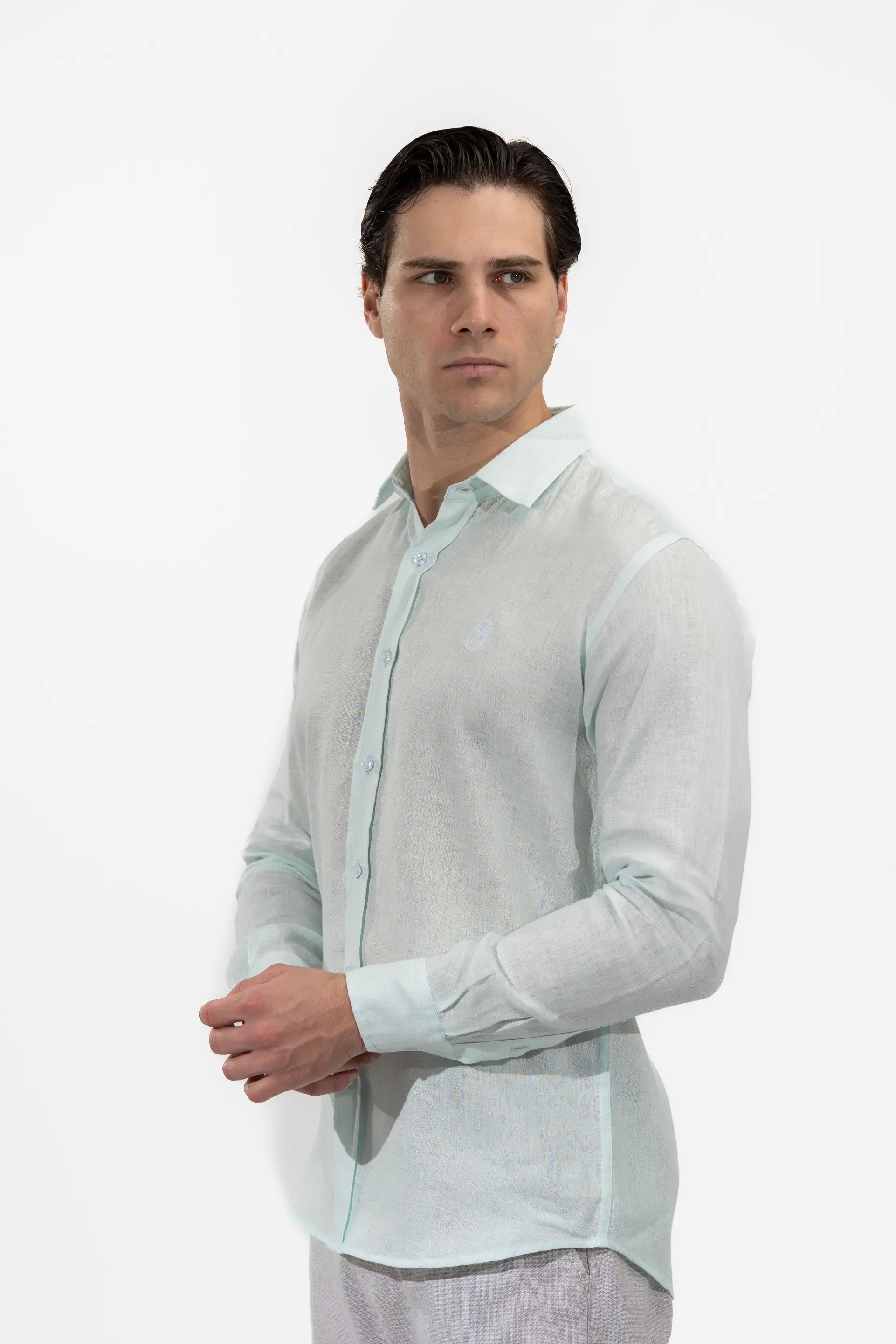 Regular Fit Long Sleeve Light Blue Linen Men's Shirt
