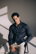 Regular Fit Long Sleeve Navy Blue Linen Blend Men's Shirt