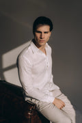 Regular Fit Long Sleeve White Linen Blend Men's Shirt