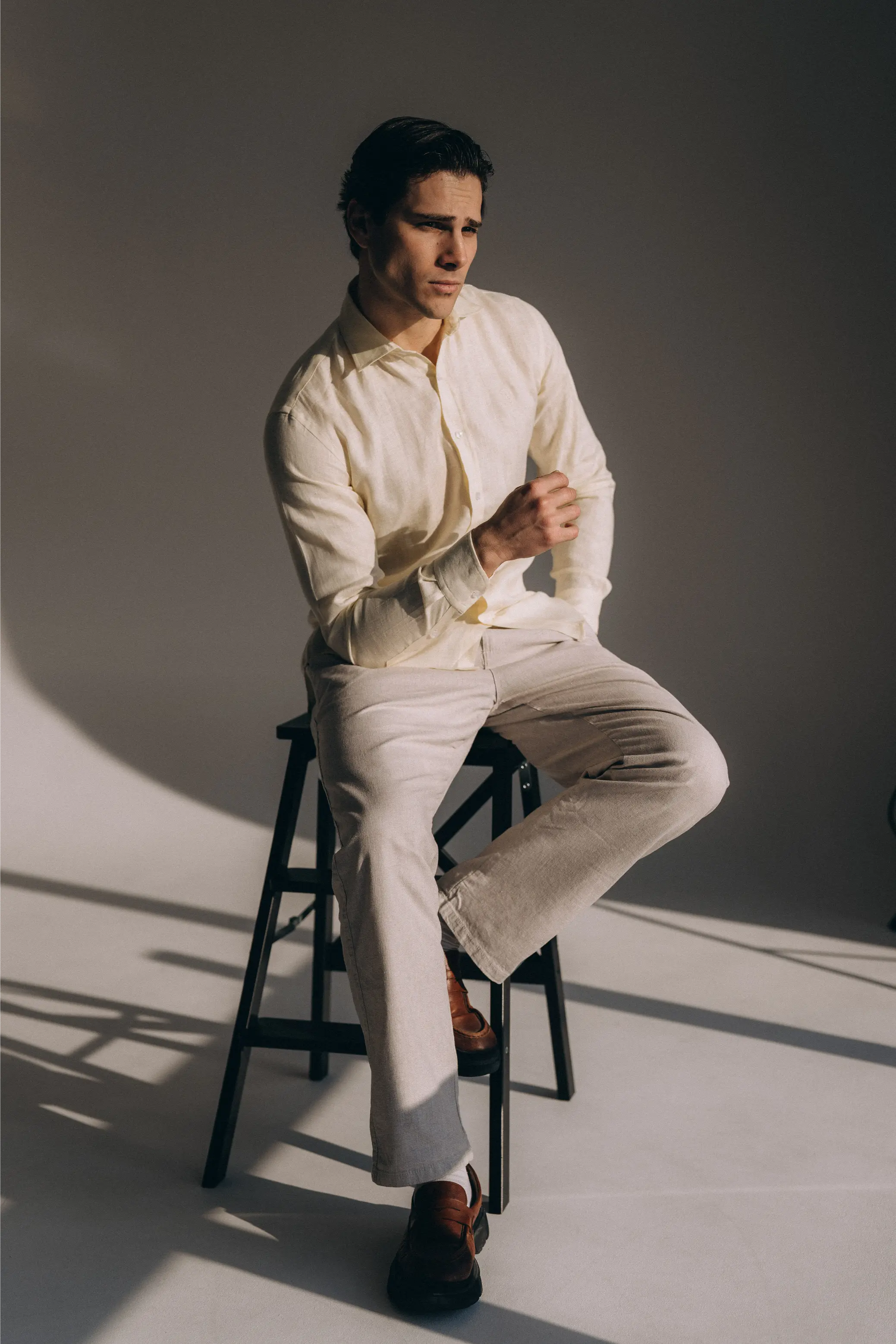 Regular Fit Long Sleeve Light Yellow Linen Men's Shirt