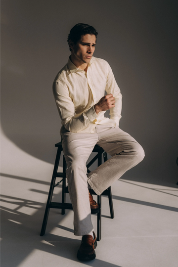 Regular Fit Long Sleeve Light Yellow Linen Men's Shirt